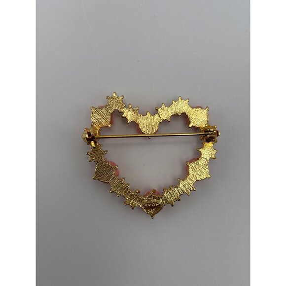 Avon Vintage Rose Accent Heart Brooch Pin Gold Tone Pink Rose Pastel Rhinestones - Picture 2 of 4